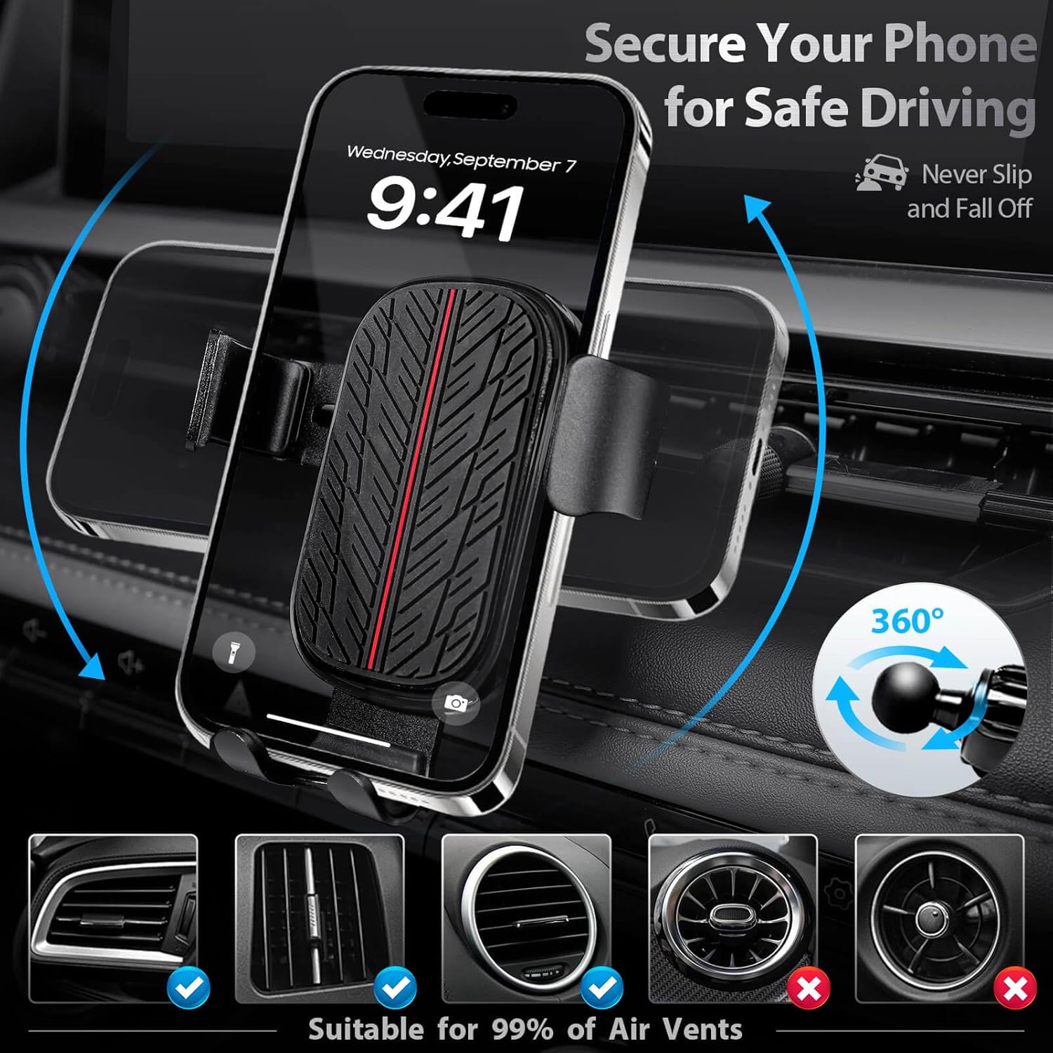 CAR PASS Leather Rubber Steering Wheel Cover Set,Tire Tread Pattern Design,Non-Slip Wear-Resistant,Equipped with Mobile Phone Holder and Non-Slip Cup Mat,Suitable for Steering Wheel 14.5-15”Black Red