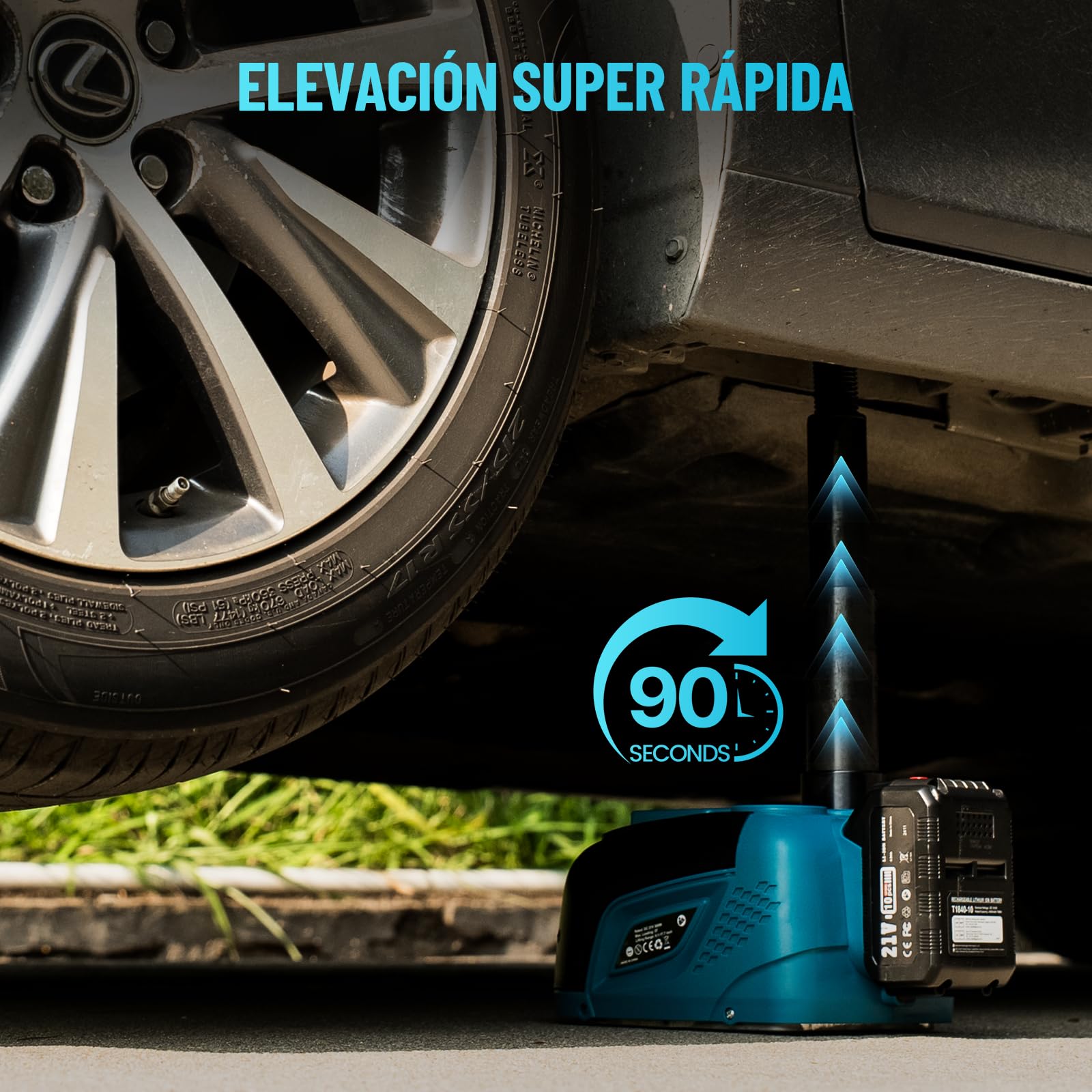 Seesii Gato Hidráulico Eléctrico 5T con Batería 21V 4.0Ah, Kit Cambiar Neumáticos Coche Inalámbrico, Gato Elevador para SUV Camioneta MPV, Altura 15-45cm con Cargador y Luz LED