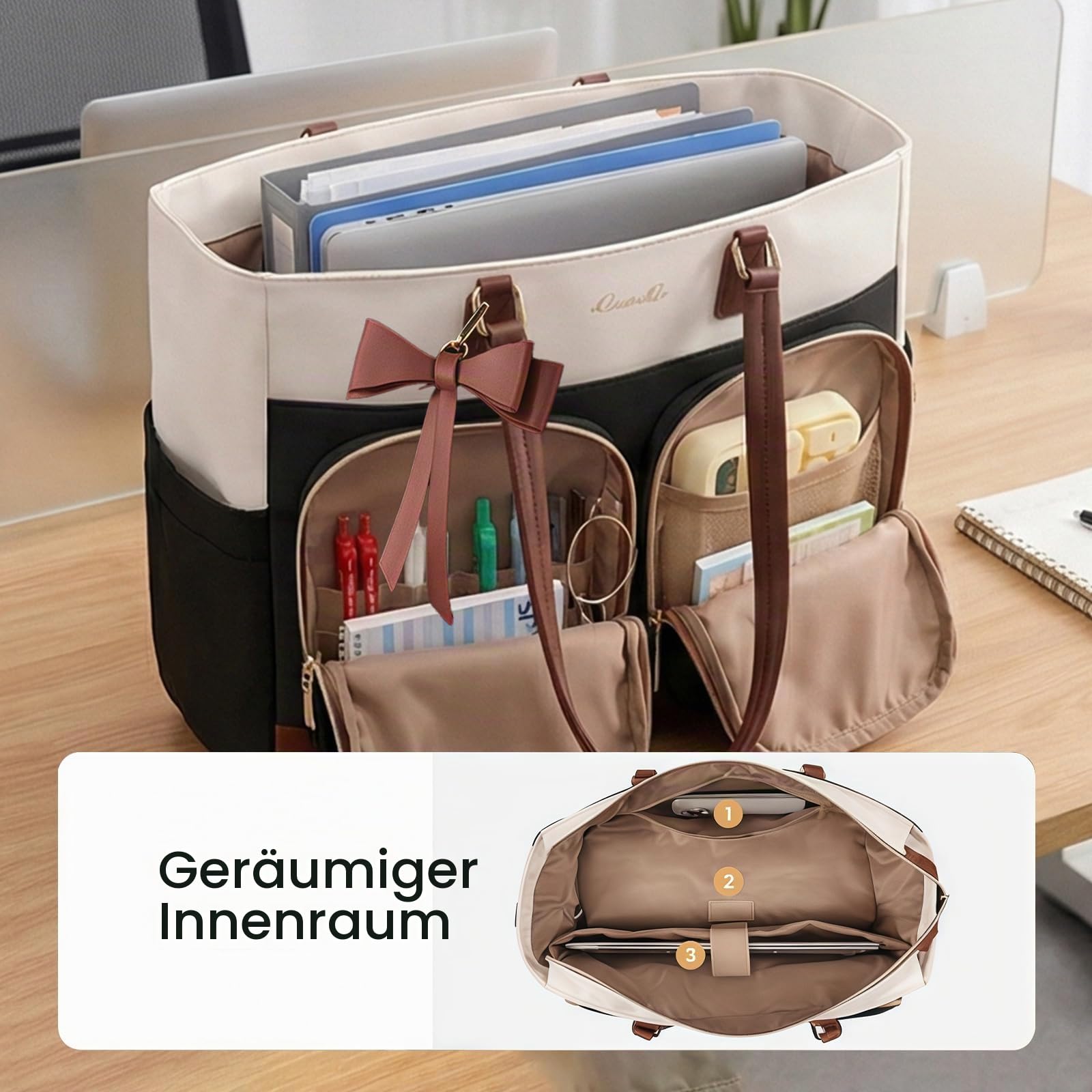 Kühltasche, Tote Bag für Damen mit Isoliertem Lunchfach, Lunchbox Arbeitstasche, 15,6 Zoll Laptop Tasche mit Becherhalter für Lehrer Büro College Alltag, Schwarz & Braun