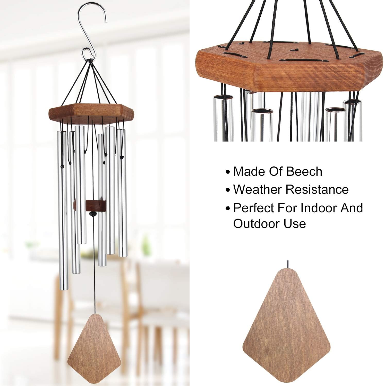 Wind Chime Outdoor, 28 Inches Medium Wind Chime with 6 Silver-Colored Aluminum Metal Tubes, Soothing Melodic Tone Musical Wind Chime for Home, Party, Garden, Décor