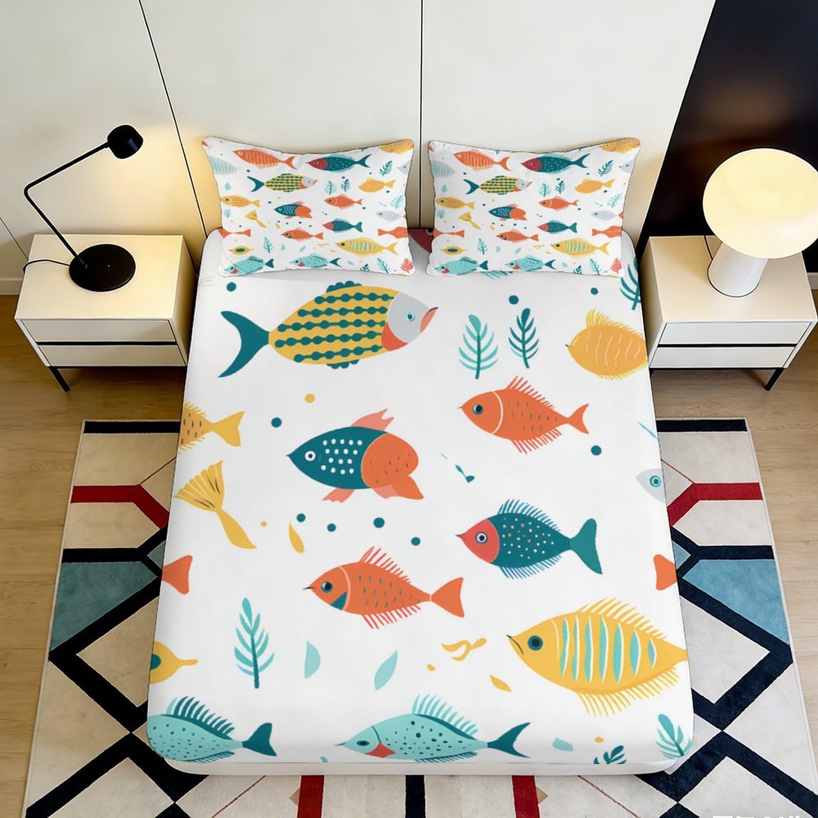 3D Printed Ocean Fish Fitted Sheet Microfiber Bedroom Deep Pocket Non-Slip Ocean Fish Mattress Fitted Cover Washable Wrap 200x200x25cm 90x200x25cm
