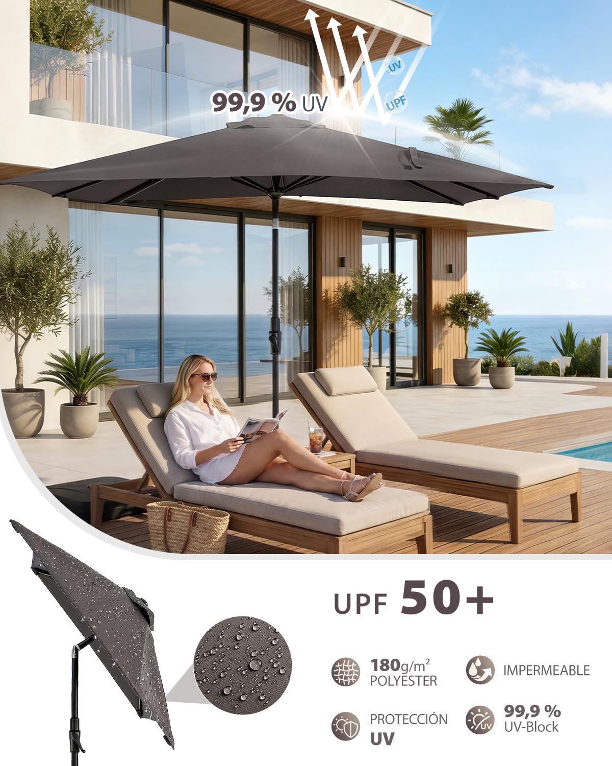 Sekey Ombrellone parasole in alluminio, per giardino, terrazzo, protezione solare UV 50+, rettangolare