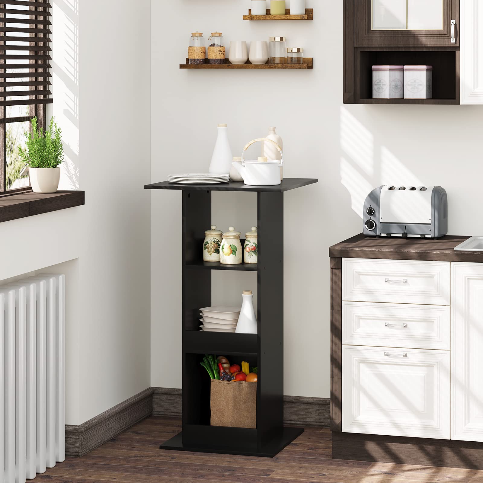WOLTU Table de Bar Carrée avec 3 Étagères, Petite Table d'Appoint pour Salle à Manger, Cuisine, Salon, en Panneau de Bois d'Ingénerie, Noir, 60x60x109cm