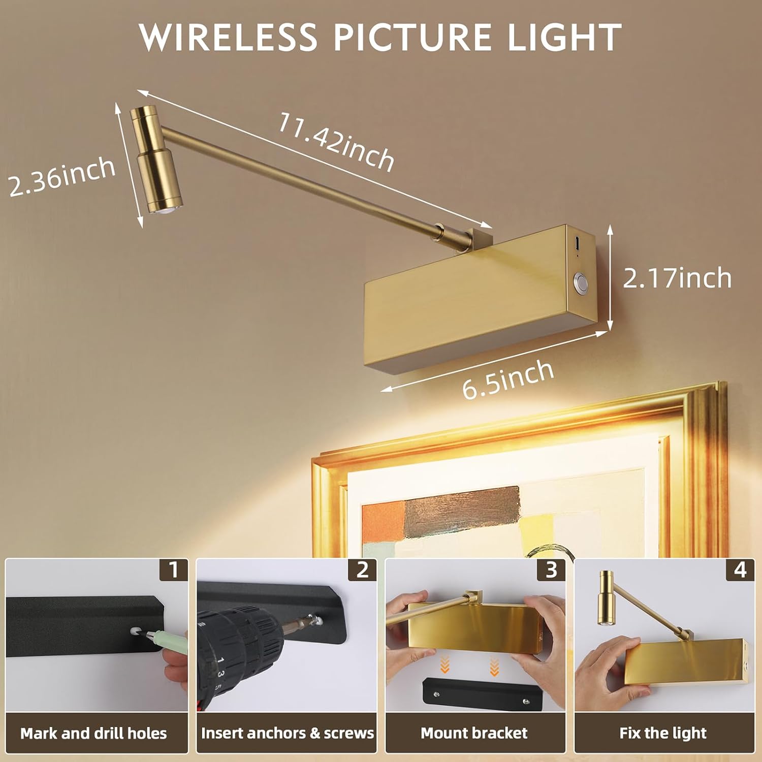 Wireless Picture Light for Wall with Adjustable LED Beam, 8000mAh Rechargeable Art Light with Remote, Dimmable and Zoomable Spotlight for Gallery, Living Room, Hallway (Gold)