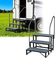 PRIJSSE 3-Step RV Steps with Dual Handrails - 660 LBS Heavy-Duty for Camper, Trailer, Hot Tub, Porch & Mobile Home - Non-Slip Safety Mats