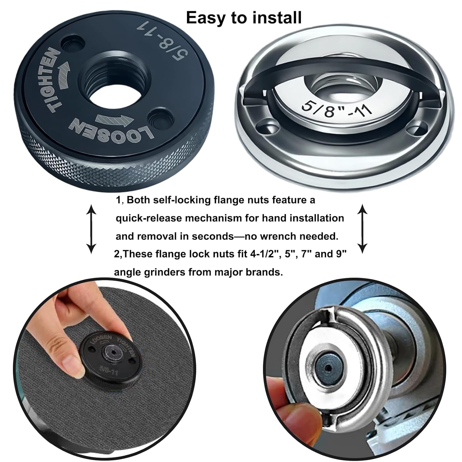 2 Pack 5/8"-11 Angle Grinder Flange Nuts, Tool-Free Quick Release Self-Locking Knurled Arbor Nut & Silver D-Ring, Heavy Duty Carbon Steel Flange for 4-1/2", 5", 7", 9" Cutting Disc Grinders
