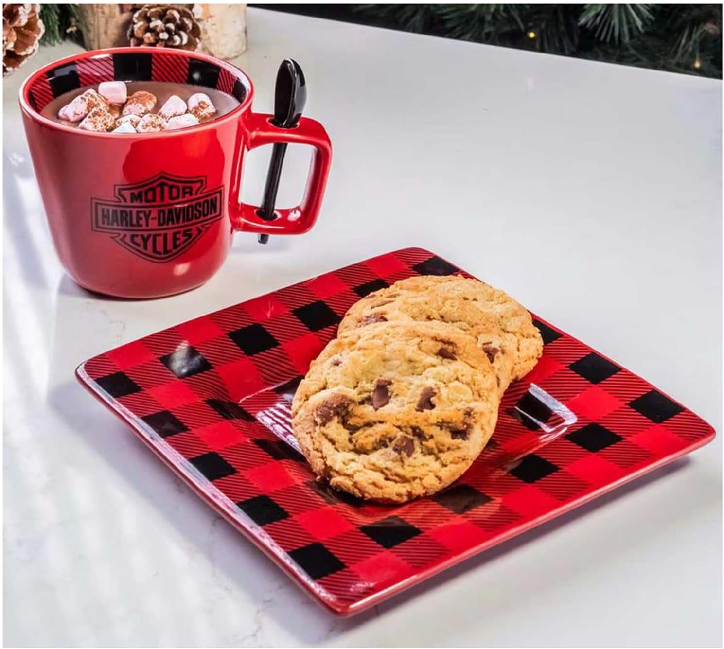Harley-Davidson Bar & Shield Red & Black Plaid Ceramic Mug & Saucer Set w/Spoon