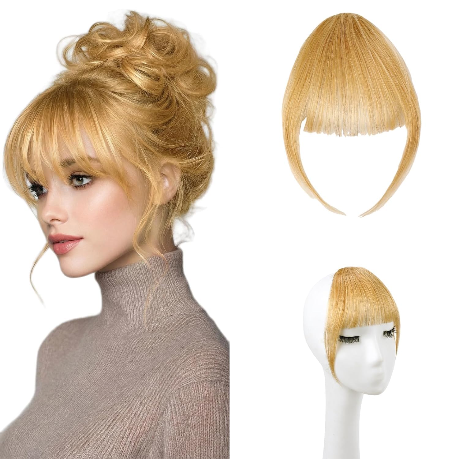 Photo 1 of KISANOF Clip in Bangs for Women 100% Real Human Hair Honey Blonde Wispy Fake Bangs Clip on Air Bangs Natural Curtain Fringe with Temples for Daily Wear