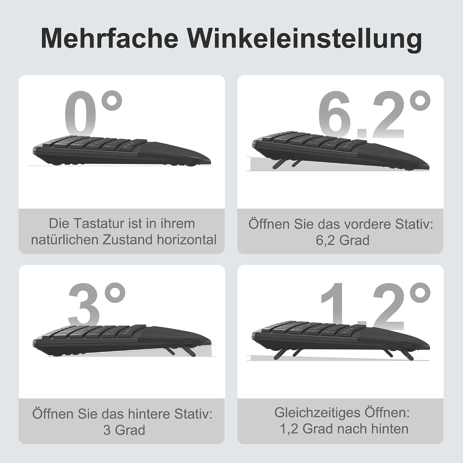 Diagram showing different adjustable angles of OMOTON WK012 keyboard