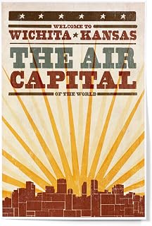 Lantern Press 12x18 Inch Art Print, Home Decor, Wichita, Kansas, Skyline and Sunburst Screenprint Style