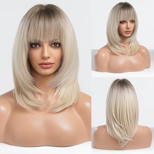 Miniatura 6 de Alanhair Peluca marrón con reflejos rubios para mujer, peluca hasta el hombro con flequillo, pelo sintético en capas, fibra resistente al calor,