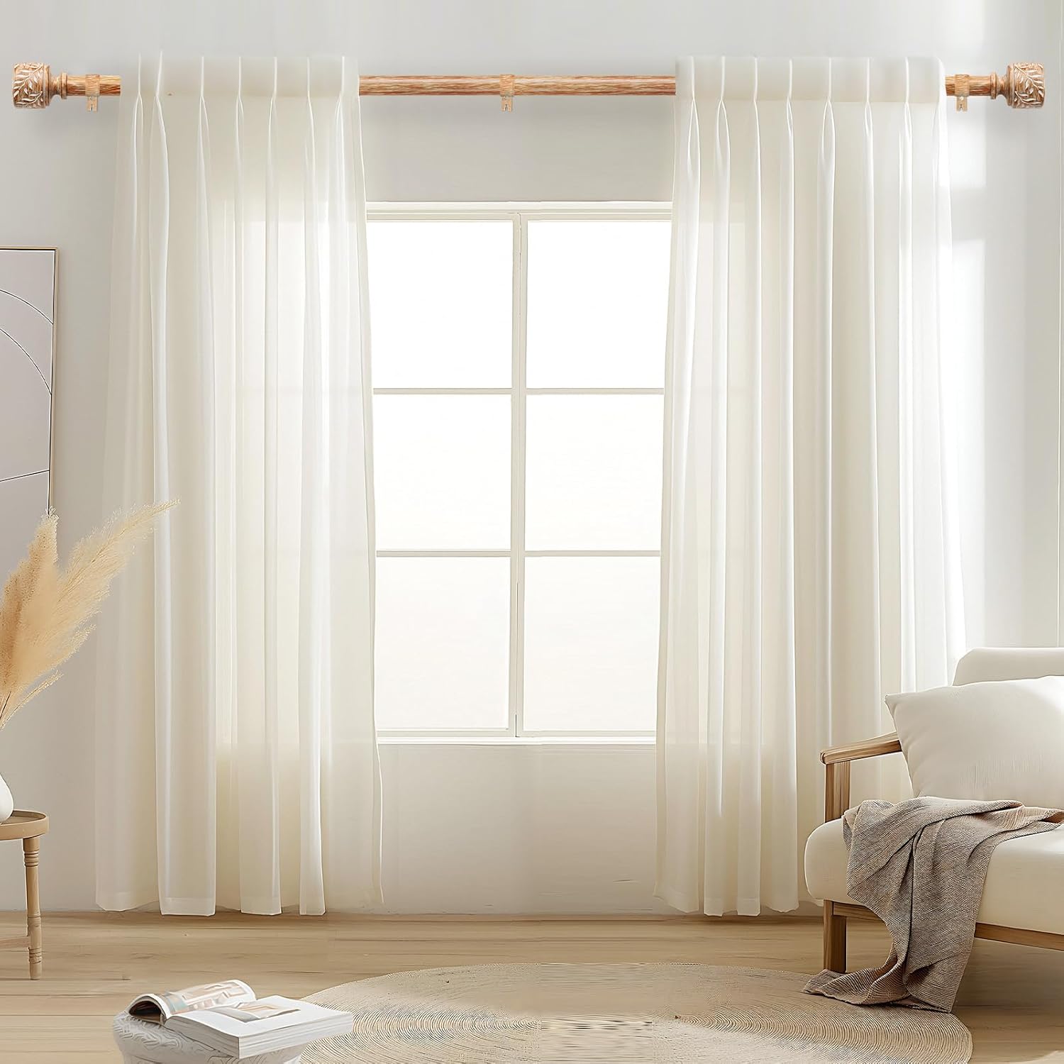 2 Pack Boho Wood Curtain Rods for Windows 32 to 45 Inch, 1" Diameter Adjustable Heavy Duty Curtain Rod with Imitation Wooden Grain Leaf Pattern Finials, Rustic Decorative Drapery Rods, Size 32"-45"