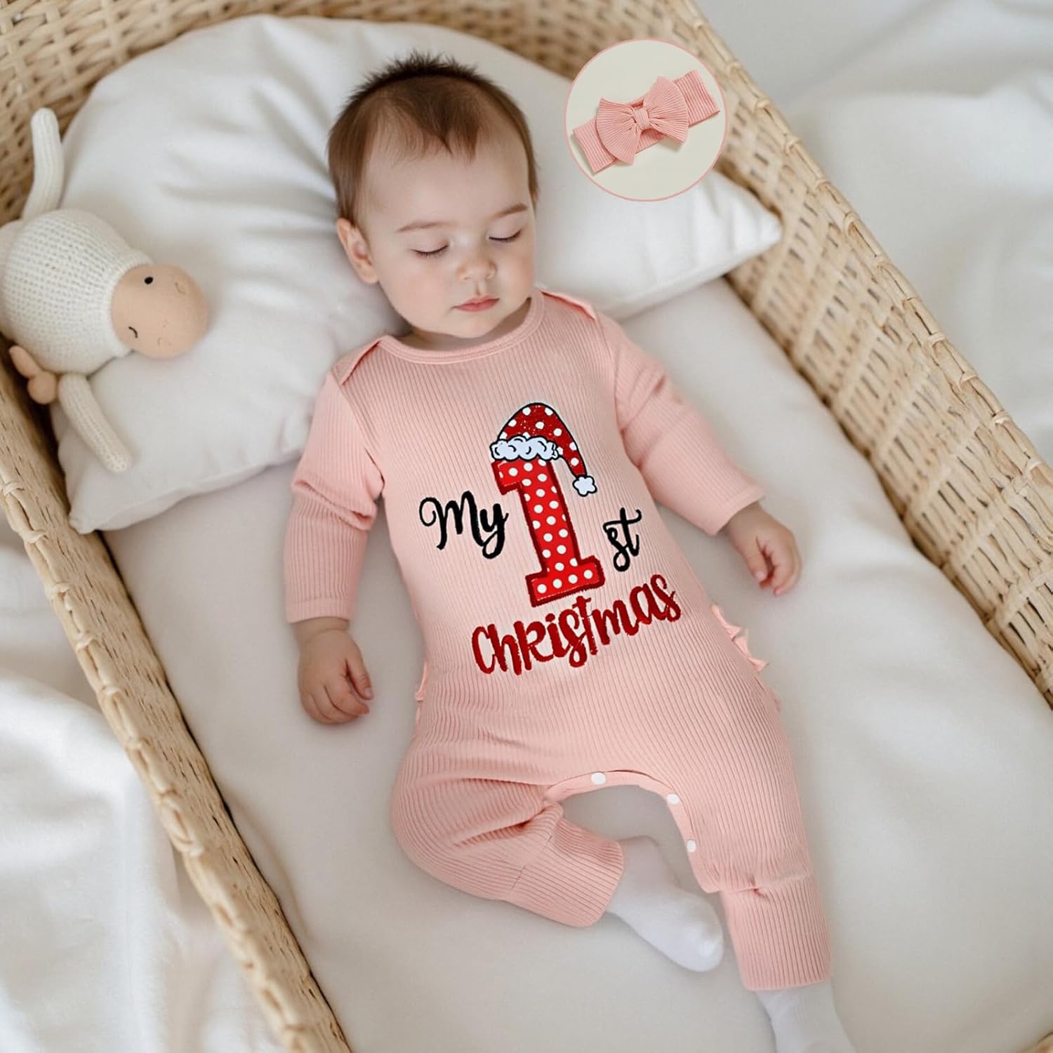 Dcohmch My First Christmas Baby Girl Outfit Fashionable Jumpsuit Embroidery Long Sleeve Romper + Headband Newborn Clothes - Image 4