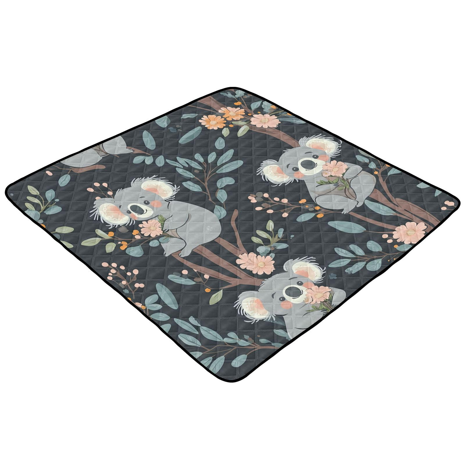 BOESI Doodle Koala and Floral Baby Play Mat, 50“ X 50” Washable Folding Crawling Mat, Baby Floor Mat, Soft, Thick, Non-Slip