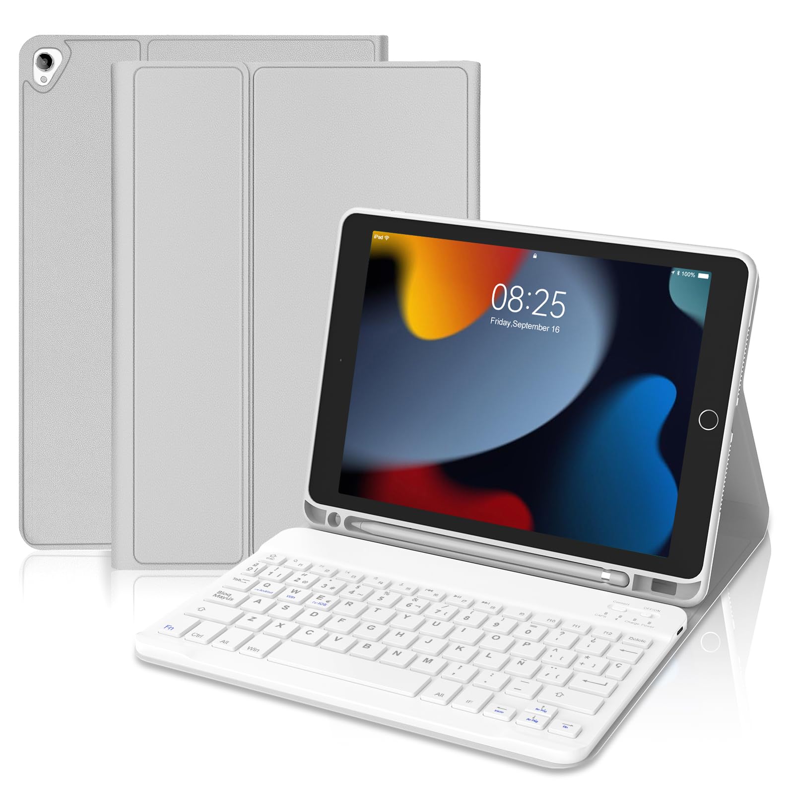FOGARI Teclado para iPad 9/8/7 Generación 2021/2020/2019 10.2" | Funda con Español Ñ Teclado Bluetooth Wireless Magnético Desmontable para iPad 9/8/7 Generacion 10.2 Pulgadas, Gris Claro