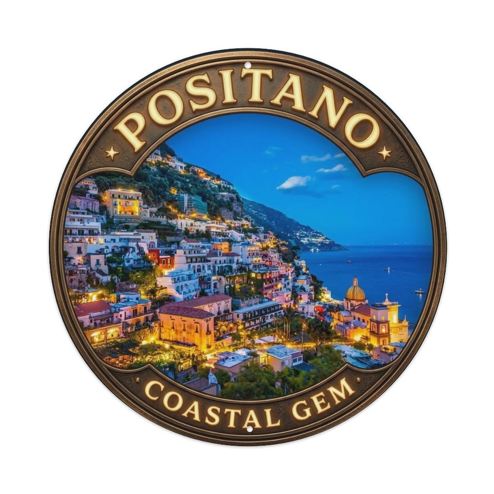 Positano Italy Landmark City Europe Classic Destination Metal Tin Sign Plaque Wall Decor for Cafe, Man Cave, Club Bar, Office, Home Garden Round Metal Poster 8x8Inch
