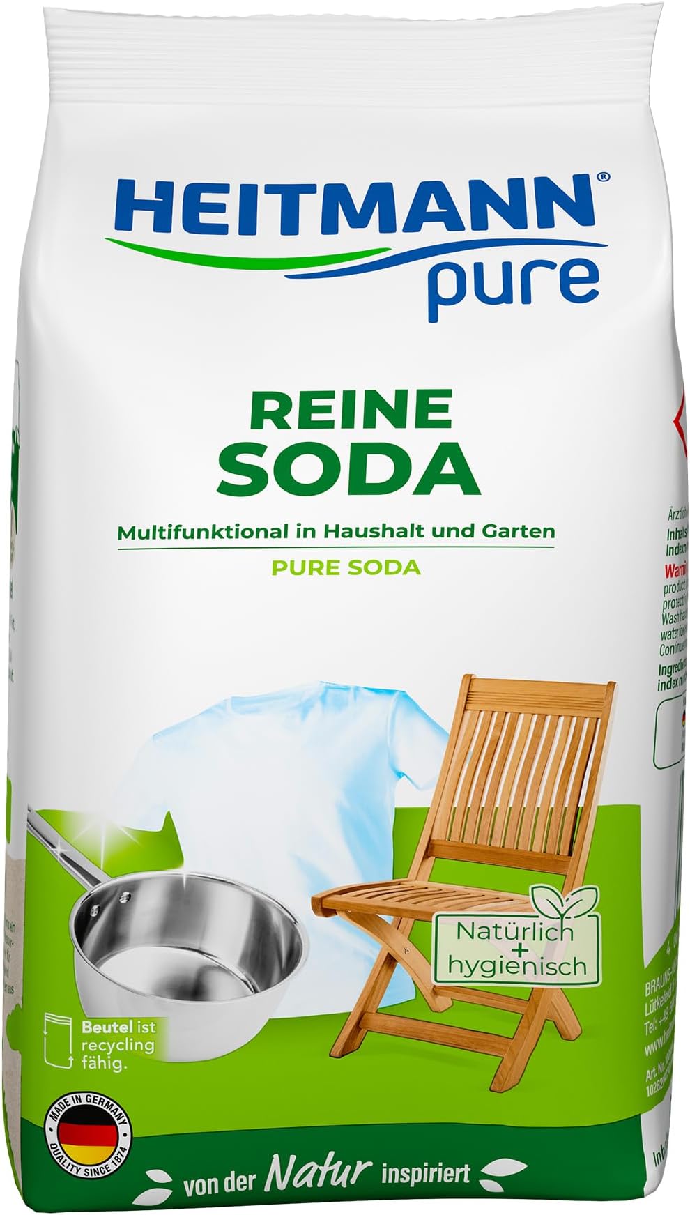 HEITMANN pure Pure Soda | Natural Cleaning Powder for Household, Laundry & Garden | Versatile Home Remedy Against Grease, Dirt, Stains & Odours | 500 g