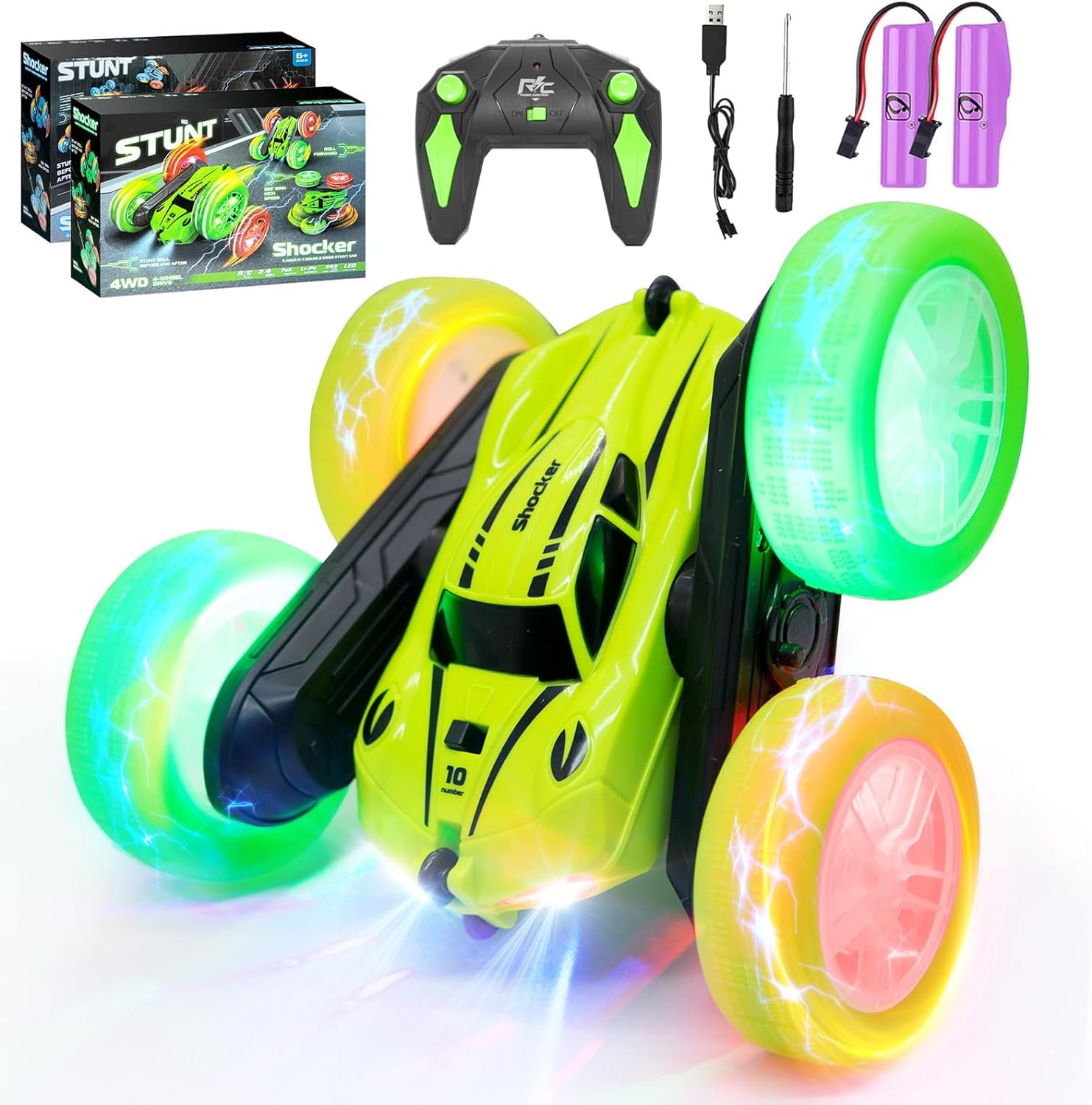 ODAPTO Car Crawler Remote Controlled Car for Girls 6-12 Years, RC Toy Car with LED Light, 2.4GHz 4WD, 360° Flip, Includes 2 Rechargeable Batteries, Pink (Green