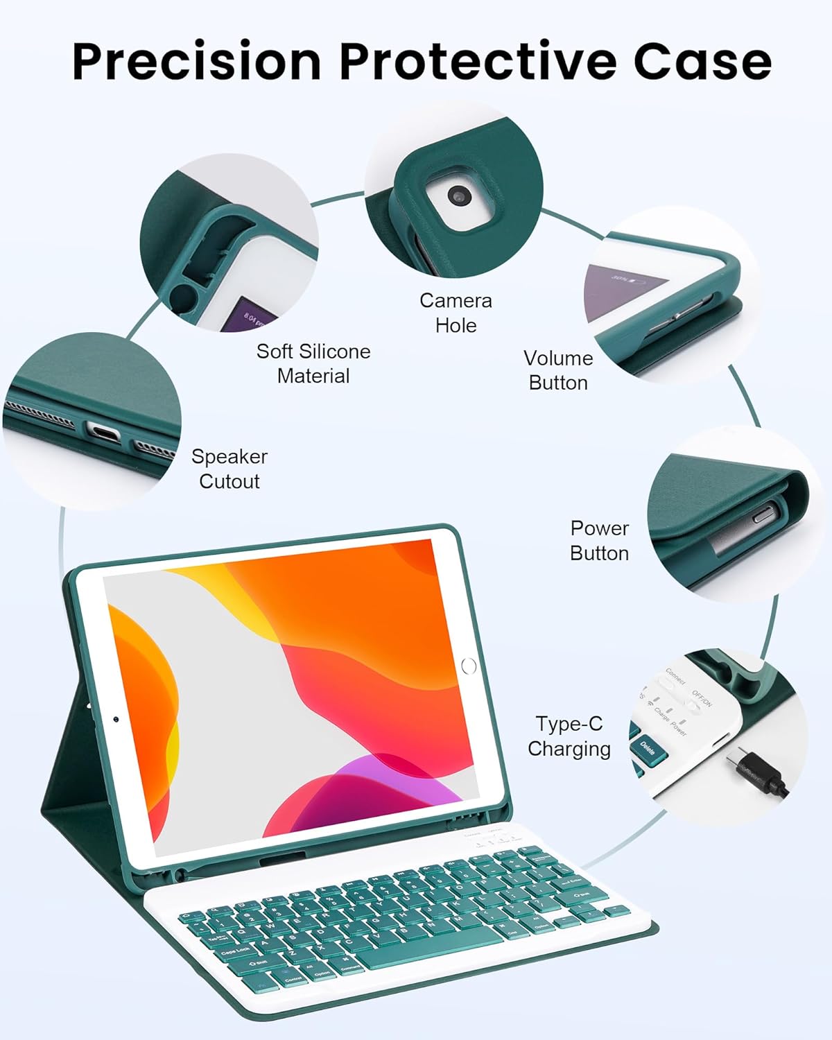 for iPad 10.2" 9th 8th 7th Generation Keyboard Case with Mouse, 10.5 inch iPad Air 10.5"(3rd Gen)/iPad Pro Case with Keyboard and Mouse & Pencil Holder, Wireless, Bluetooth, Detachable, Dark GN