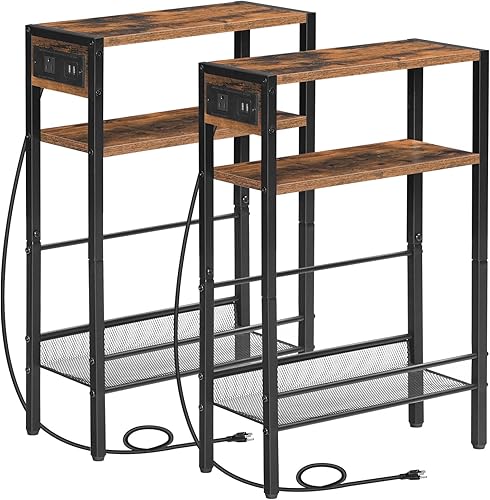 HOOBRO Mesa auxiliar pequeña y estrecha con estación de carga, juego de 2, mesa auxiliar delgada para espacios pequeños, mesita de noche delgada con