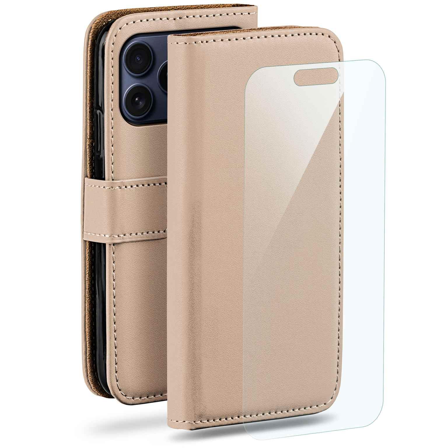 moex Set 4 in 1 per iPhone 17 Pro con 3 pellicole protettive, scomparto per carte di credito, custodia a libro e pellicola FlexProtect, protezione completa a 360°, tortora