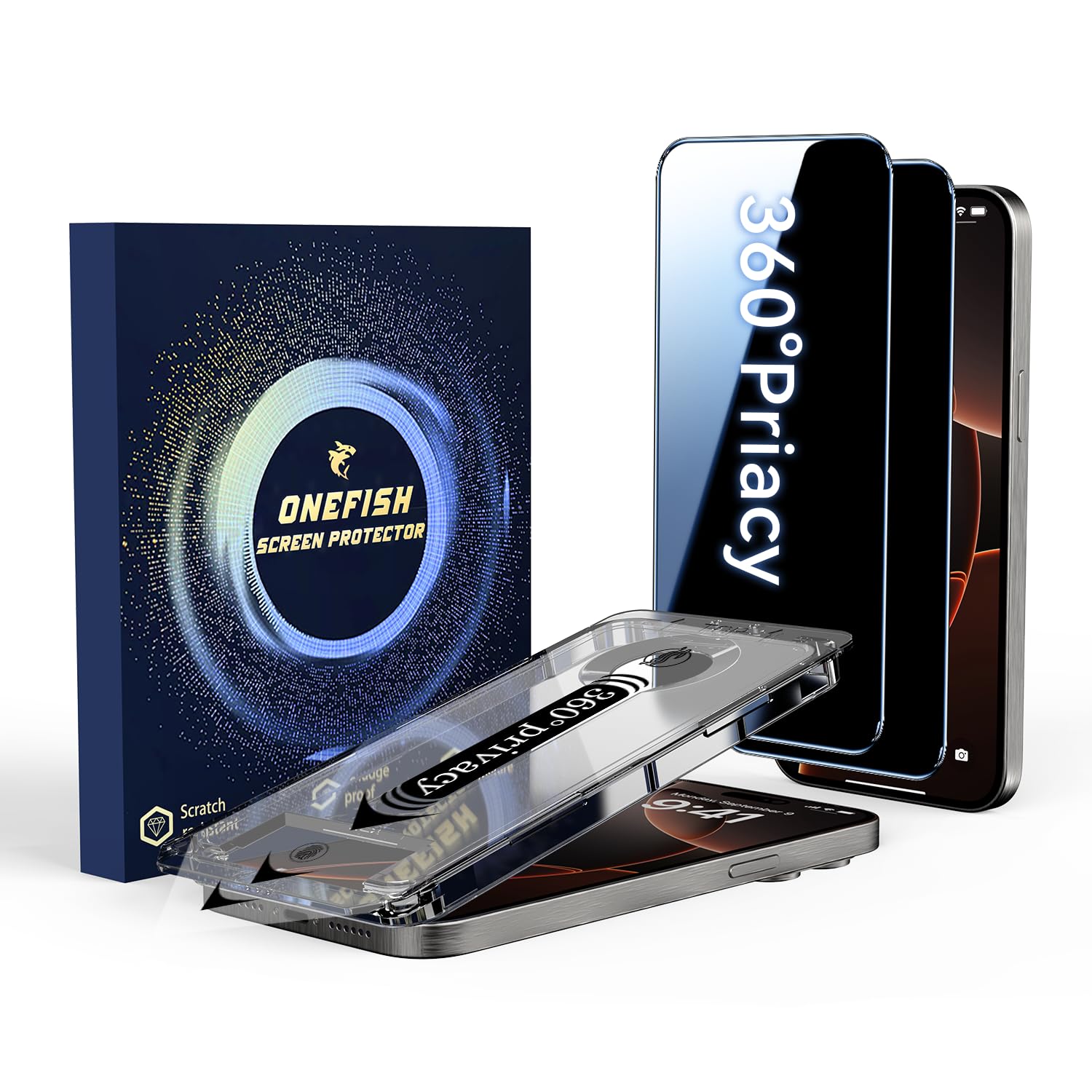 OneFish Displayschutzfolie für iPhone 15/16 [2er-Pack] 360° Anti-Spy Panzerglas, 9H Härte HD Klar, Anti-Fingerabdruck, Hüllenfreundlich, Einfache Installation
