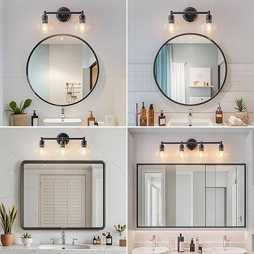 Miniatura 6 de Lámparas de baño, lámpara de tocador de baño moderna de 2 luces, aplique de pared negro con pantallas de globo de vidrio transparente, luces de