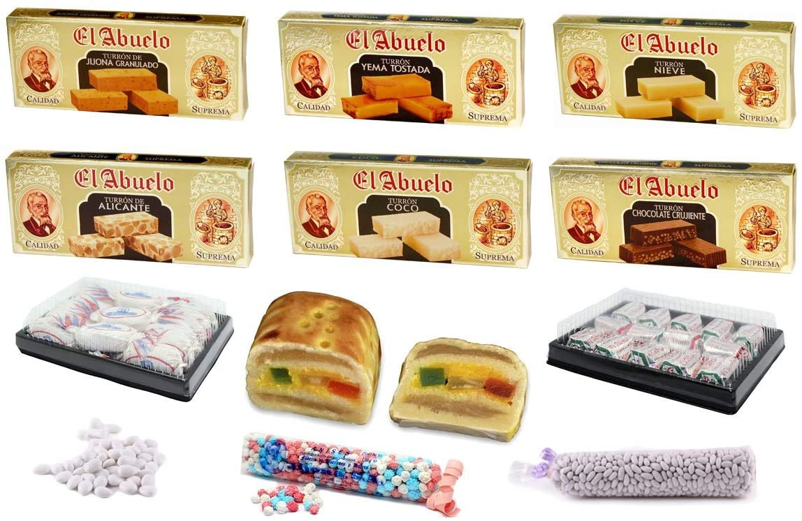 Lot de Turrons artisanaux dans un boîtier doré lithographié (nº 5), El Abuelo. 3,65 kg - (turron espagnol, touron, nougat) - Pack (6 x 300 g, 2 x 500 g, 1 x 400 g, 3 x 150 g) - fabriqué et expédié de Jijona, Alicante.