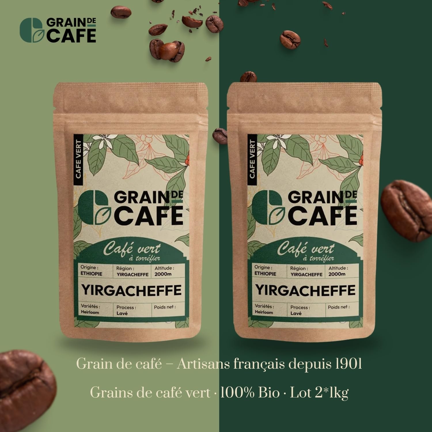 Graindecafé – Café Vert Éthiopie Moka Yirgacheffe 1kg | 100% Arabica Lavé Non Torréfié | Floral Et Fruité | Notes De Bergamote Et Jasmin | Idéal Machine À Grain Une Fois Torréfié