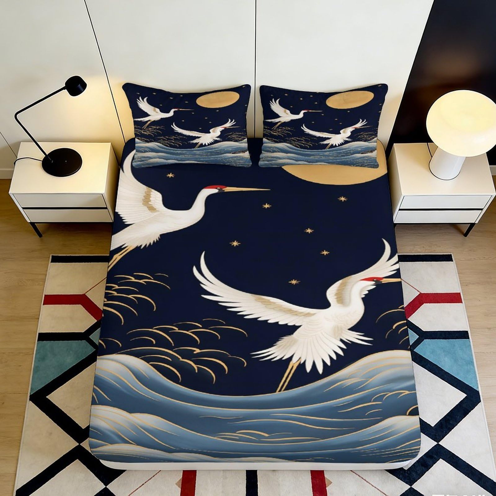 Pnayamiorkfel Style-10 3D Printed Japanese Crane Fitted Sheet Microfiber Blue Gold Moon Mattress Cover Bedroom Decor Washable 90X200x25cm