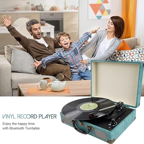 Miniatura 6 de Tocadiscos de maleta de vinilo con Bluetooth con altavoz integrado, 3 velocidades de transmisión por correa, fonógrafo, correa de transmisión por