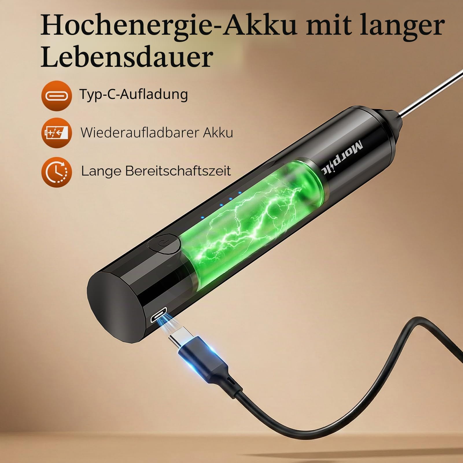 Morpilot Milchaufschäumer Stab, Milchschäumer Elektrisch Wiederaufladbar, abnehmbarer Edelstahl Schneebesen, Mini Mixer für Latte, Matcha-Tee, Cappuccino, Schwarz