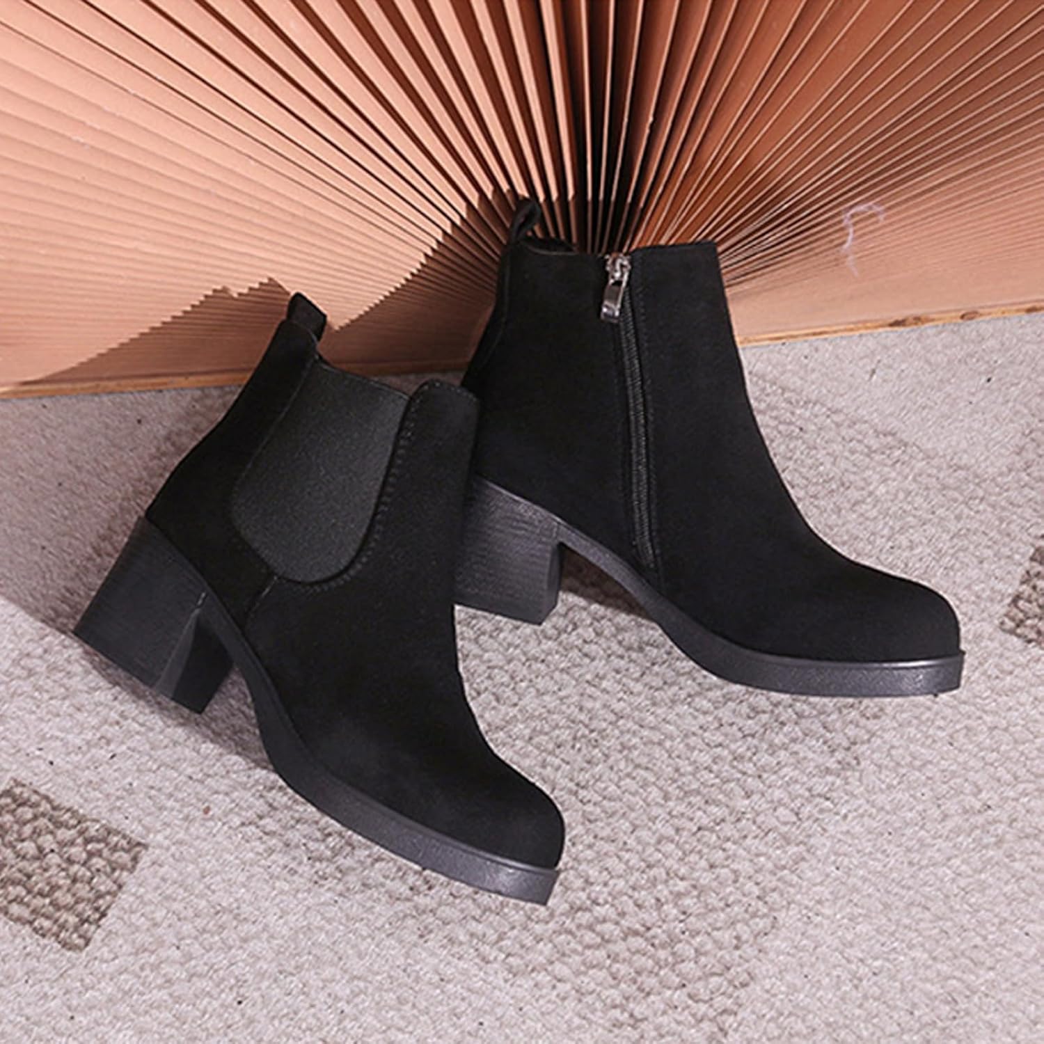 Suede Ankle Boots For Women Chunky Heel With Side Zipper Elastic Comfy Round Toe Non Slip Block Heel Short Booties For Daily Casual Party Prom
