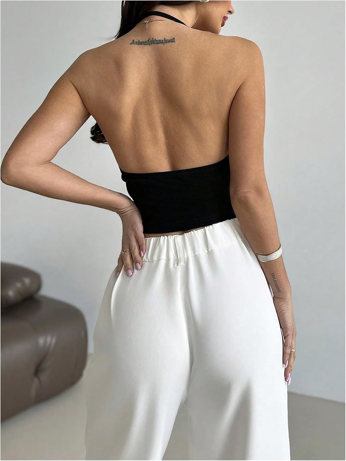 Floerns Women's Draped Cowl Neck Crop Halter Tops Metal Linked Rave Open Back Cami Top - Image 3