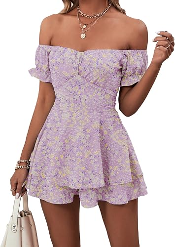 LYANER Women's Summer Off The Shoulder Wrap Tie Back Short Sleeve Ruffle Romper 
