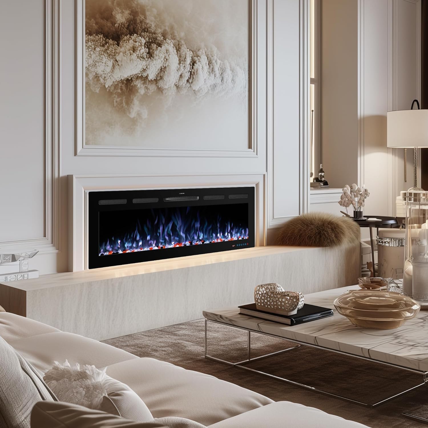 Mystflame Galaxy 50 Pro Wi-Fi - Camino Elettrico da Parete con 13 Colori di Fiamma e Luce Inferiore, Letto di Combustibile in Legno e Cristallo, Termostato da 750/1500 W, Telecomando e Touchscreen