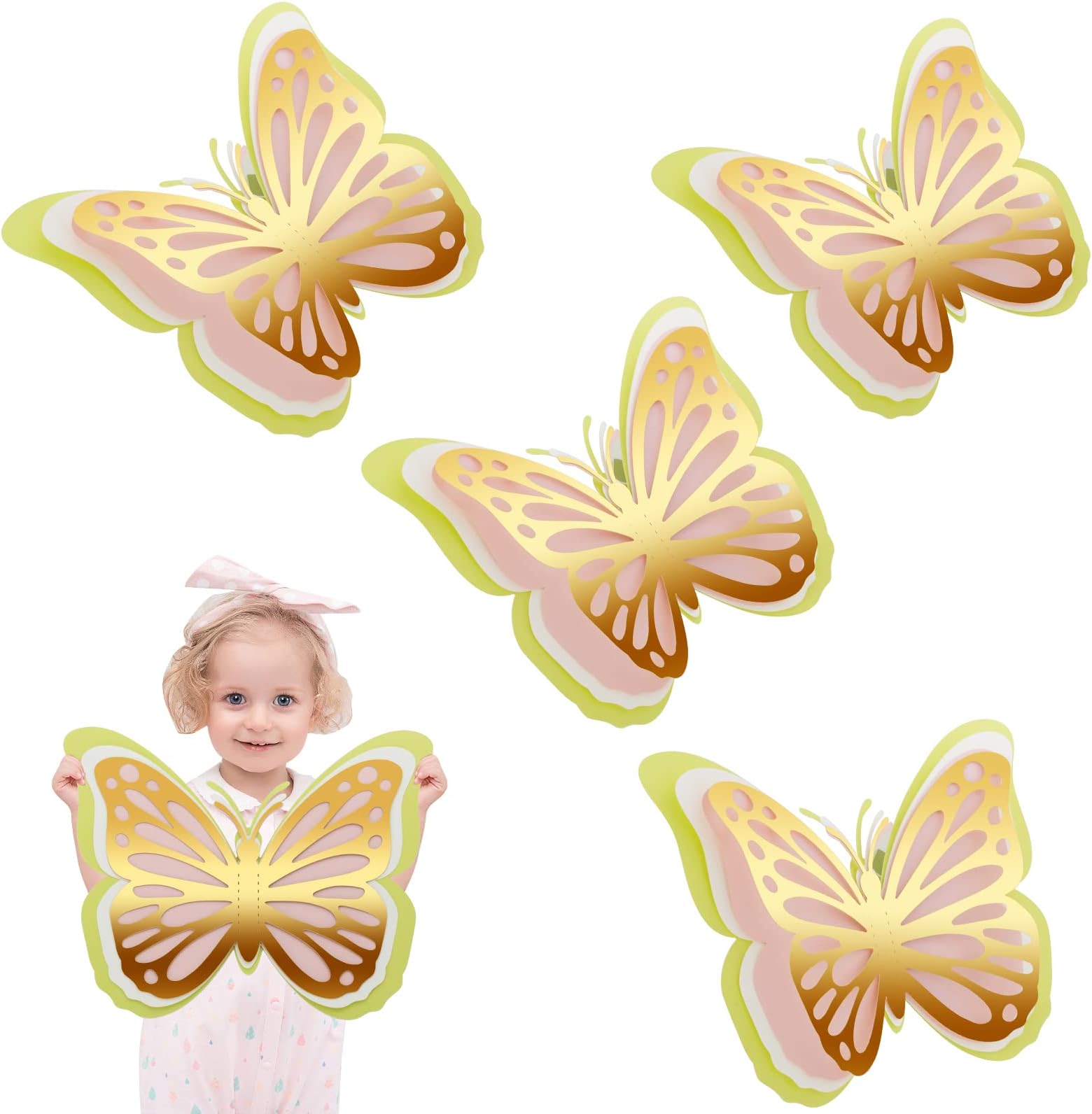 12-Piece 3D Giant Butterfly Wall Decor – Gold & Pink Paper Butterflies, Large & Small Sizes