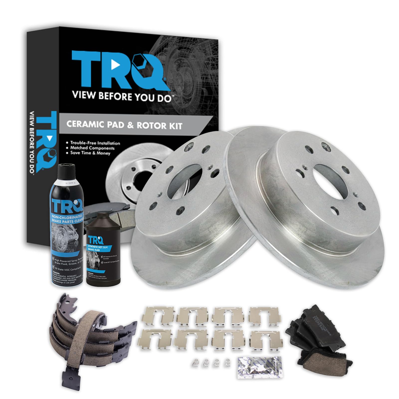 TRQ Rear Brake Pad &amp; Rotor Kit, with Chemical Kit Parking Brake Shoe Set Ceramic Compatible with 2009-2010 Pontiac Vibe 2009-2013 Toyota Matrix