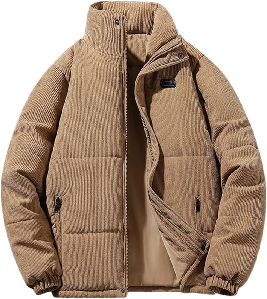 Mens Cotton Padded Corduroy Jacket with Stand Collar Thick Warm Loose Fit Outdoor Camping Overcoat Bread Style