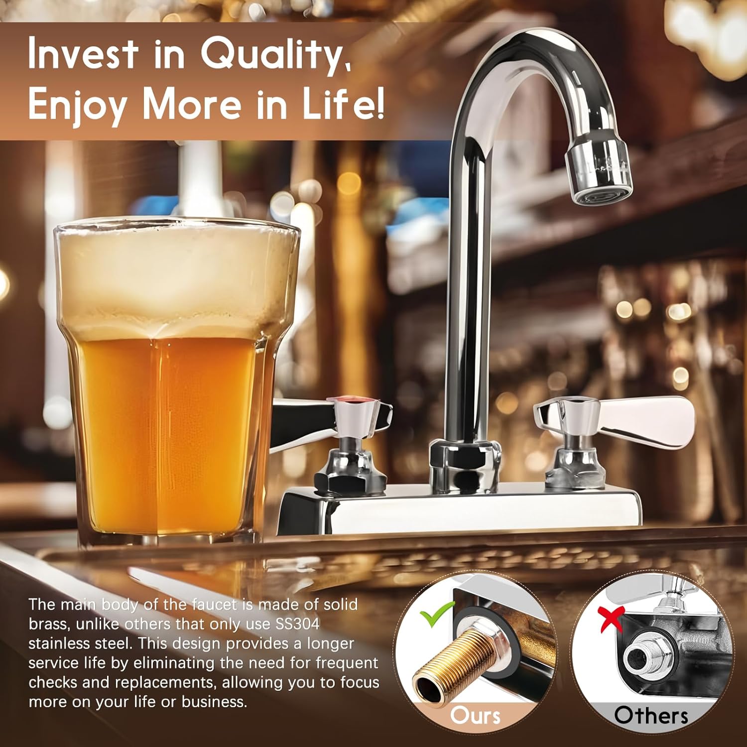 Commercial Bar Sink Faucet 4 Inch Center Deck Mount, 3-1/2" Gooseneck Swivel Spout Hand Sink Faucet, 2 Hole Brass Constructed & Chrome Polished with Dual Lever Handles - Image 5