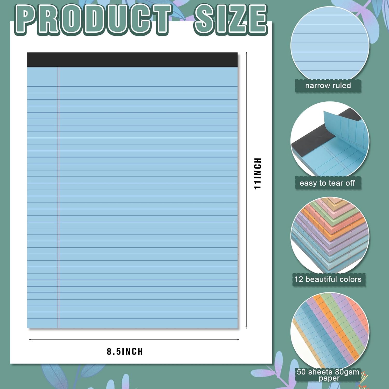 Fuutreo 12 Pcs 8.5'' x 11'' Colored Legal Pad Writing Pads Narrow Ruled 50 Sheets Per Notepad Micro Perforated Writing Pad Note Pads Office Supplies for School College Office Business (Multicolor) - Image 2