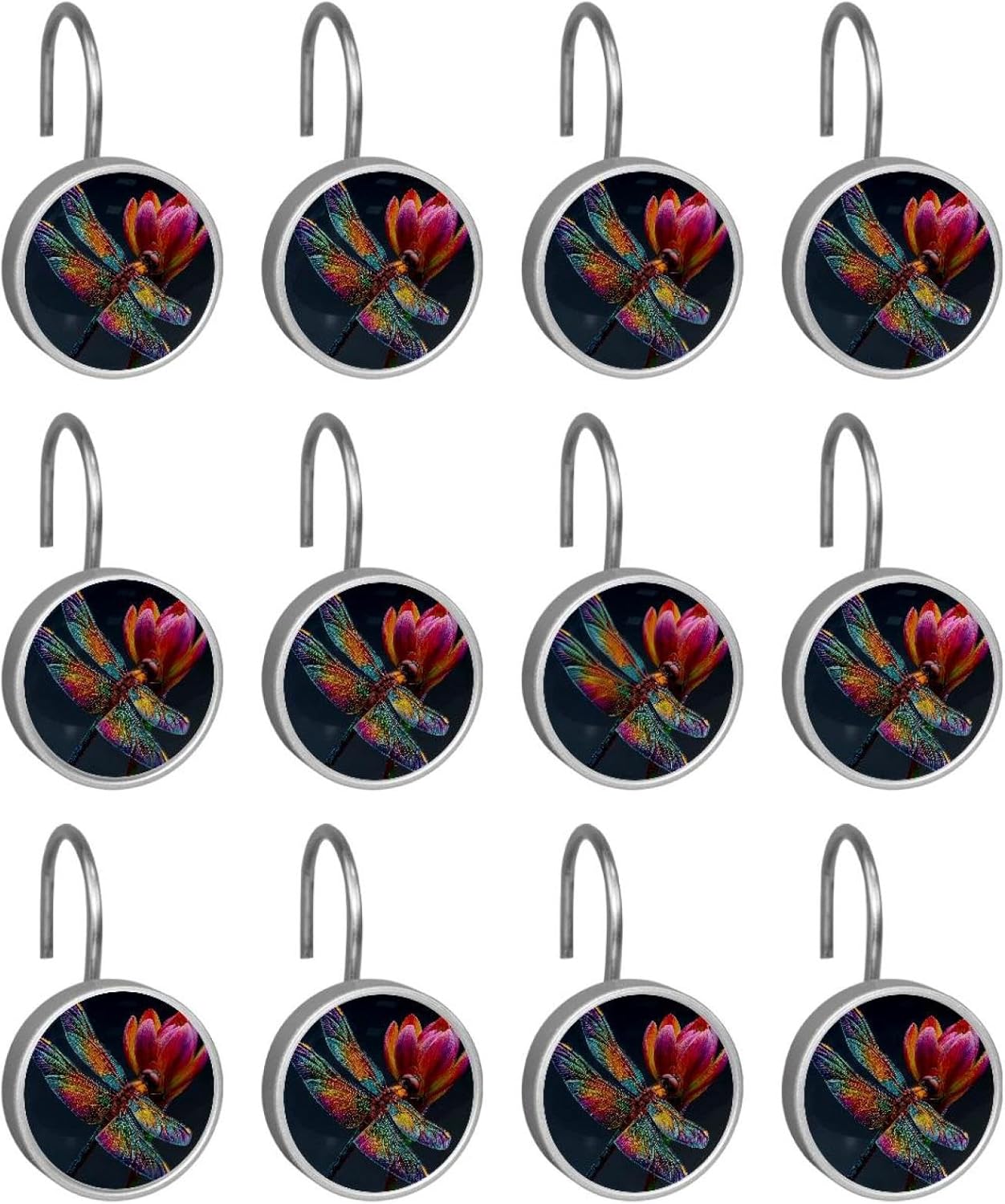 Colorful Flower Dragonfly (2) Shower Curtain Hooks - Set of 12 Shower Curtain Rings - Shower Hooks for Bathroom Shower Rods Curtains and Liners