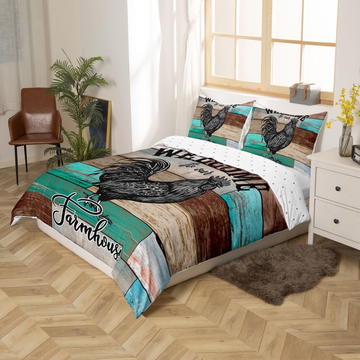 Farm Chicken Bedding Set,Vintage Wood Farmhouse Duvet Cover for Kids Teens Boys Girls,Farm Animals Comforter Cover Decorative Room,Country Style Quilt Cover with 2 Pillowcases,King Size(No Comforter)
