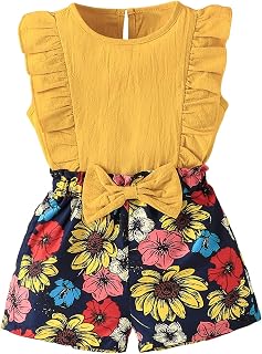 Toddler Girl's 2 Piece Outfit Ruffle Trim Tank Top and Floral Print Bow Front Shorts Set