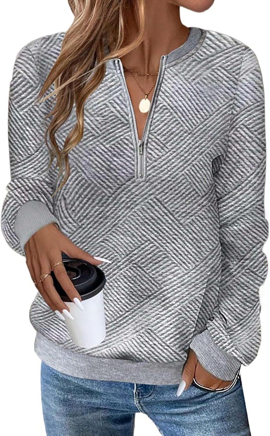 Women's Sweatshrits Quarter Zip Pullover Fleece Sweatshirt Casual Cable Knit Sleeve Hoodies Fashion Outfits Clothes