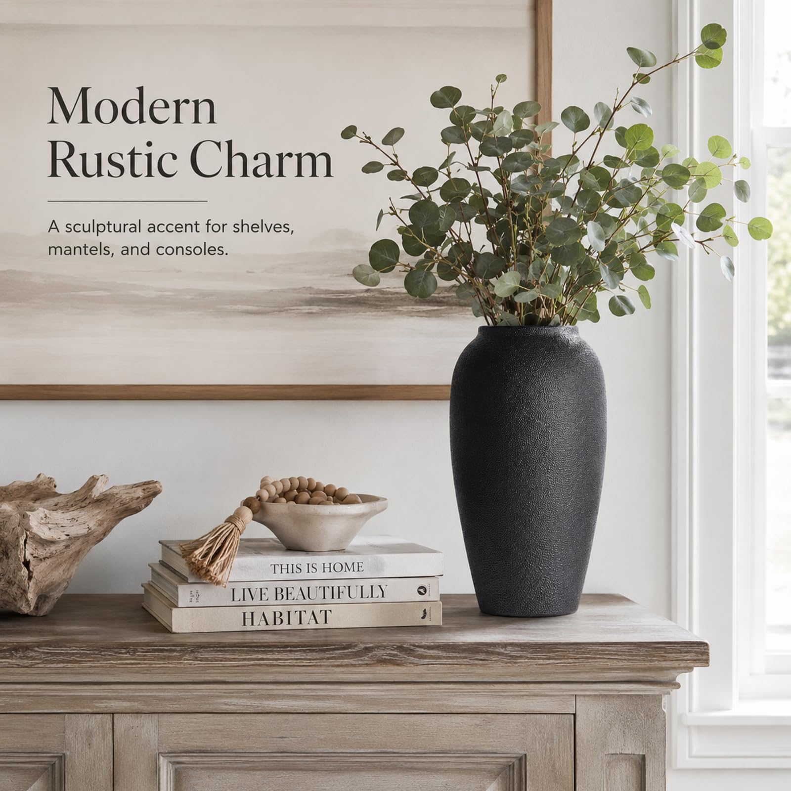 Jarrón de cerámica rústico – Jarrón grande de cerámica negra de 13.8 pulgadas para decoración del hogar, jarrón moderno de terracota para sala de estar, entrada, cocina, jarrones negros para centros