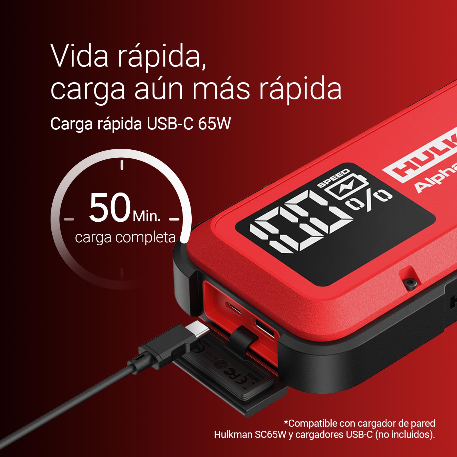 HULKMAN Alpha Ultra Red, Arrancador de Batería Portátil 1250A 44.4Wh,Caja de Arranque 12V para Coches Modernos con Cables, para Motores Gasolina 7.0L / Diésel 4.0L,Carga Rápida 65W, Clasificación IP65
