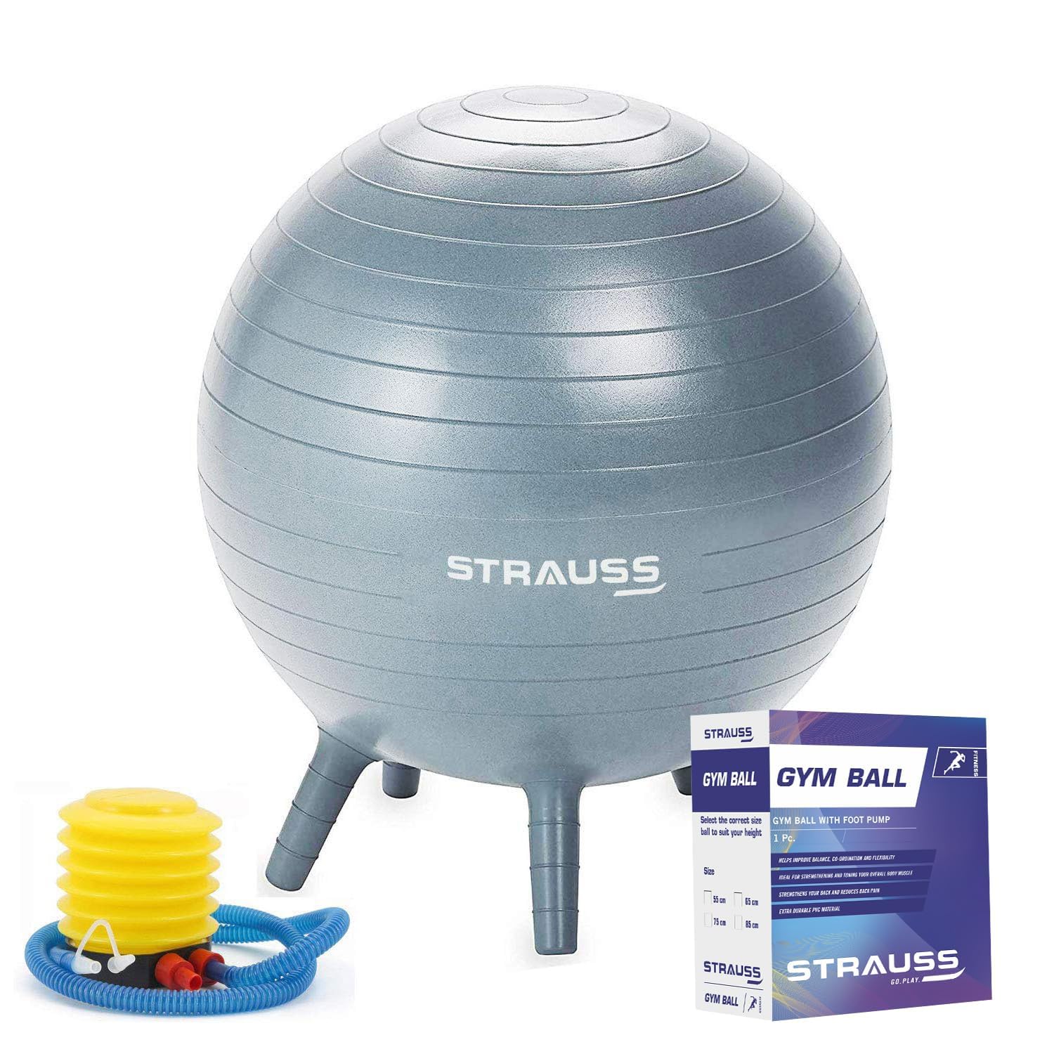 STRAUSS Anti-Burst Rubber Gym Ball Stability Legs with Free Foot Pump | Round Shape Swiss Ball for Exercise, Workout, Yoga, Pregnancy, Birthing, Balance & Stability, 55 cm, (Grey)-image-7