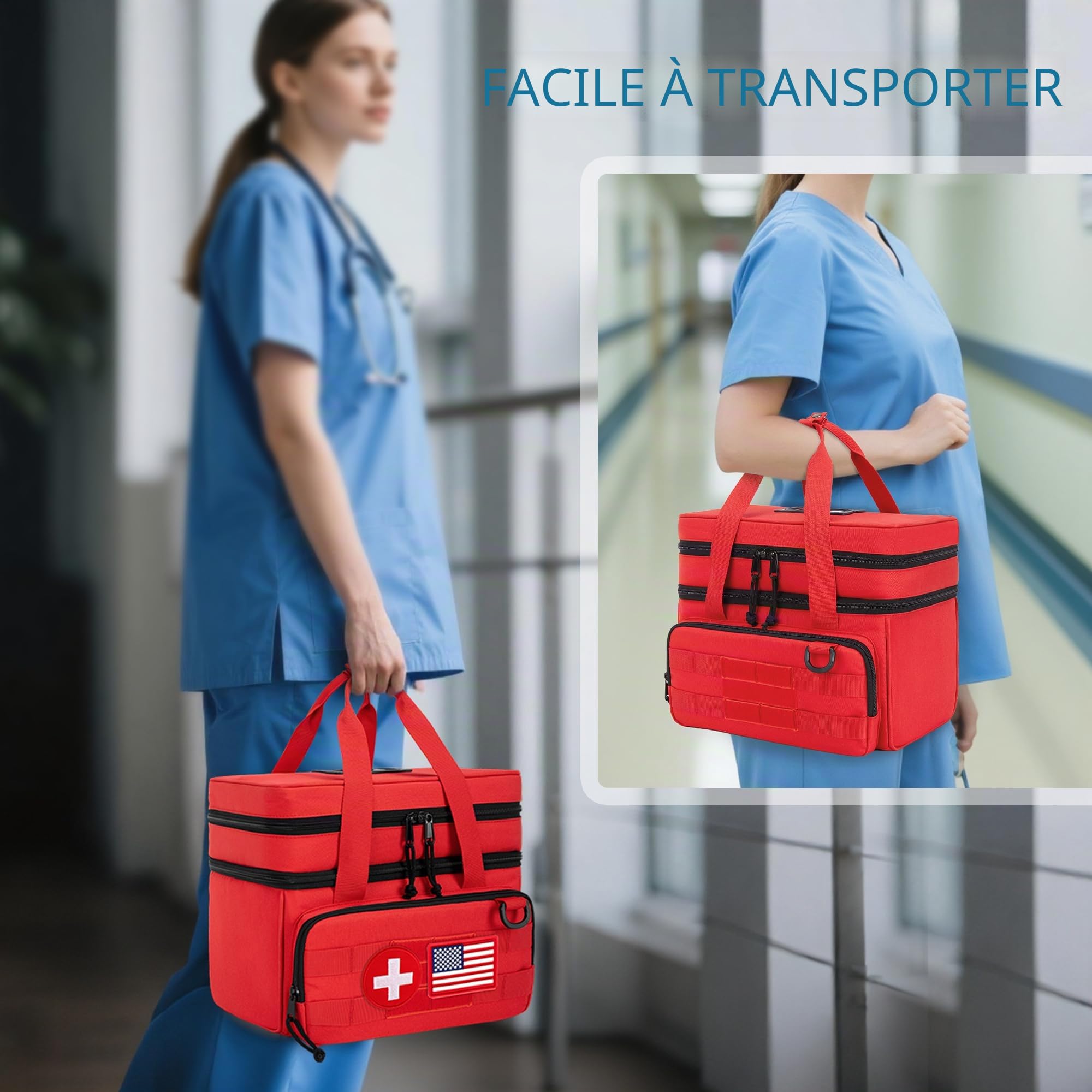 CURMIO Sac de Rangement Médical Trousse de Premiers Secours Tactique, Rouge | Double Couche, Organisateur de Médicaments Portable, 5 Cloisons Amovibles, pour Randonnée/ Camping/ Voyage, Sac Uniquement