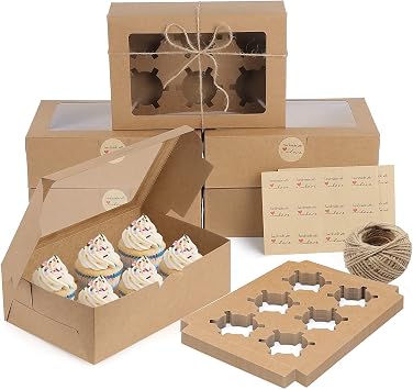 Coolty 20pcs 6 Holes Cupcake Boxes with Window Cardboard Packaging Boxes Pastry Bakery Boxes with Inserts for Muffins Cookies Cupcakes Desserts Pies Brown